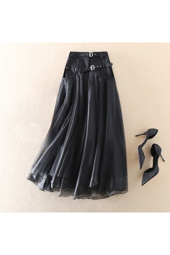 Skirts for Women Midi A-line High-waisted Patchwork Mesh Skirt Drapes Down Slim Skirt Black L