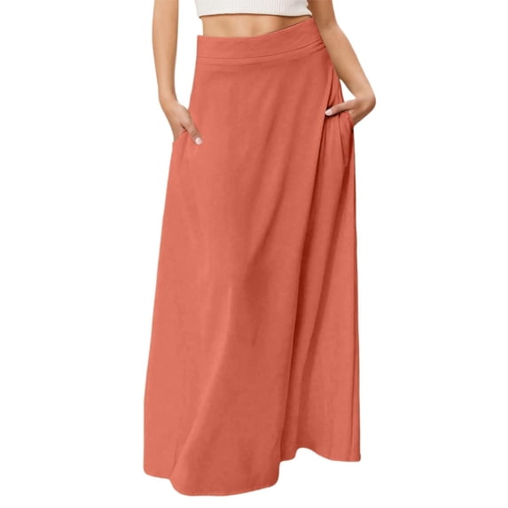 Skirts for Women Midi Length Elastic Waist Column Color Block Stretchable Fabric Flowy Maxi Skirt Summer Boho Pleated Beach Long Skirts with Pockets