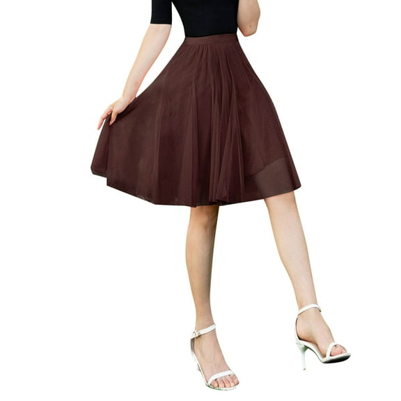 Skirts for Women Midi Length Solid Color High Waist Pleated Skirt Flowy Style Coffee One Size