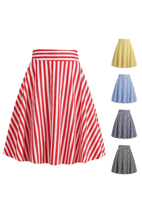 Skirts for Women Midi Long Length High Waist Vintage Striped A-Line Swing Skirt Casual Retro Style Party Daily Wear