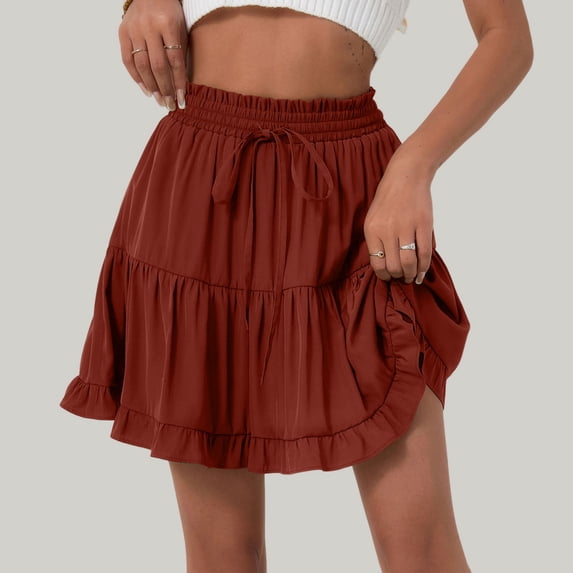 Tennis Skirts for Women Summer Women Solid Lace Up High Waist Pleated Ruffle Fold Skirt for Everyday Wear Brick Red L