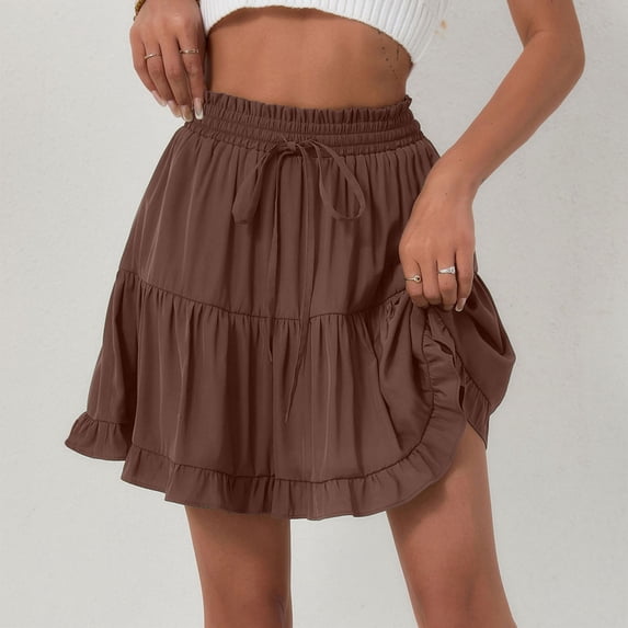 Tennis Skirts for Women Summer Women Solid Lace Up High Waist Pleated Ruffle Fold Skirt for Everyday Wear Brown M