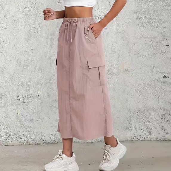 Skirts for Women Quick Dry Hiking Maxi Skirt Casual Drawstring High Waisted Parachute Skirts with Pockets Pink XL