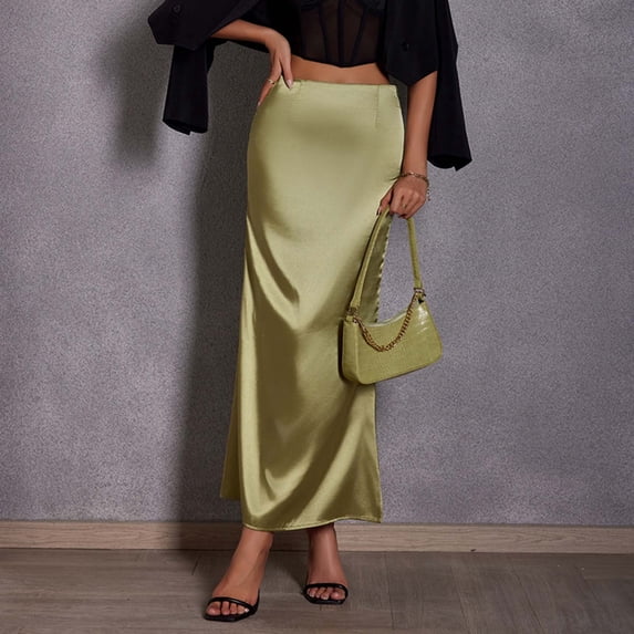 Skirts for Women Satin Fishtail Elegant Solid Color Summer Skirt Green L