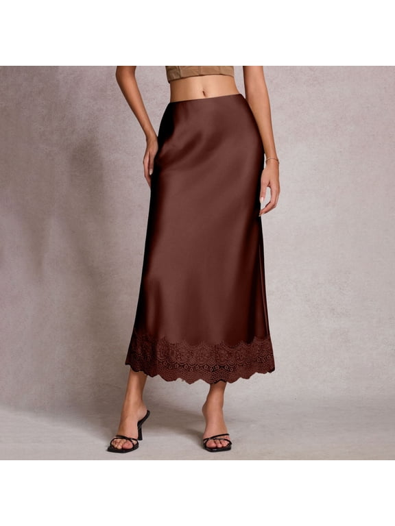Skirts for Women Satin High Waist Solid Color Slip Long Silk Skirts Lace Patchwork Elegant Womens A Line Maxi Skirt Coffee S
