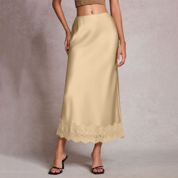 Skirts for Women Satin High Waist Solid Color Slip Long Silk Skirts Lace Patchwork Elegant Womens A Line Maxi Skirt Khaki L