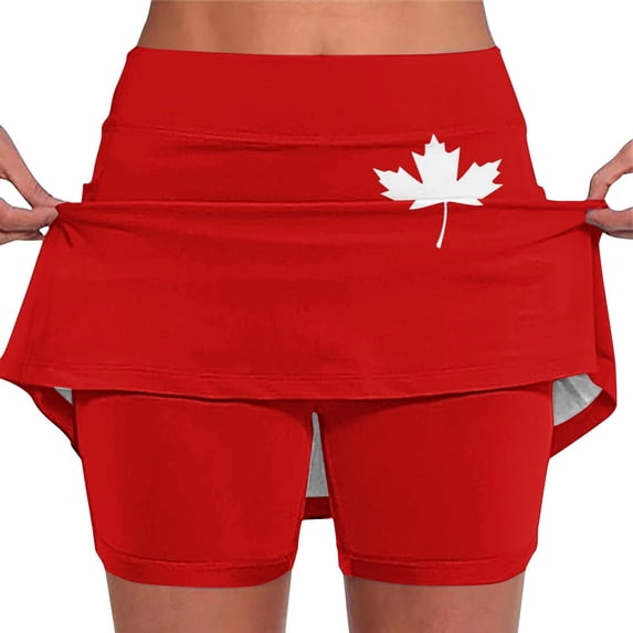 Skirts for Women Skirt Daily Wear Athletic Style with Pockets and Built In Briefs Featuring Canada Flag Print for Summer Casual Wardrobe Red M