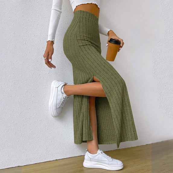 Tennis Skirts for Women Summer Skirt European Spring Slim Knitted Waistline Side Slit Hakama Style Women's Skirt Green 3XL