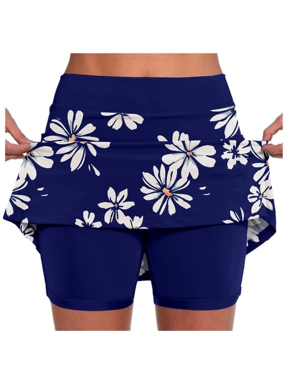 Skirts for Women Skirt Product Women Elastic Yoga Culottes Athletic Shorts Lightweight High Waist Floral Print Shorts Skirt With Pocket Blue XL