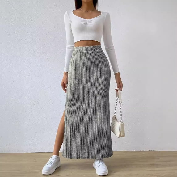 Tennis Skirts for Women Summer Skirt Women’s Slim Knit Skirt Elastic Waist Side Slit Wrap Bodycon Dress Elegant Knit Length for Everyday Wear Grey XL