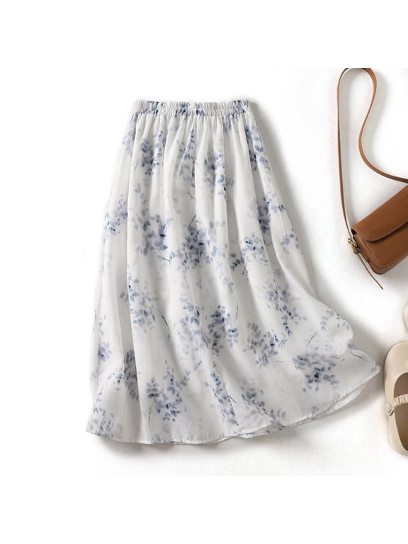 Skirts for Women Skirt Skirt Women's Boho Floral Midi Skirt for Spring and Summer Lightweight Beachy Flowing Bohemian Design White XXL