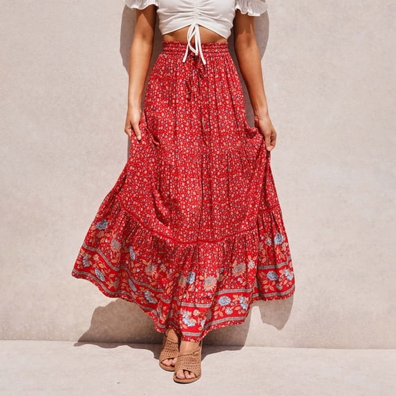 Tennis Skirts for Women Summer Skirt Women's Bohemian Beach Lace Rayon Floral Print Summer Dress Alternative Red M