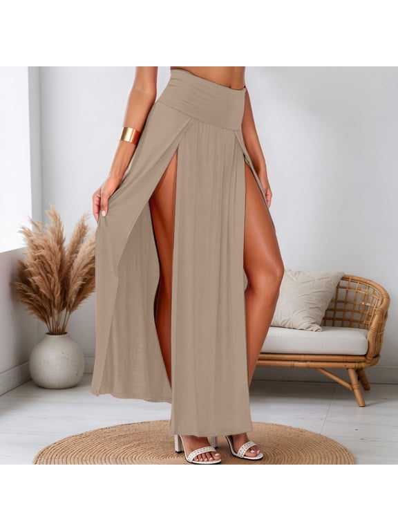 Skirts for Women Skirt Womens Double Split Long Skirt with Two Side Slits for Everyday and Wear Khaki M