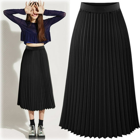 Skirts for Women Skirt Womens Pleated Elegant Midi Elastic Waist Skirt Nonsee-Through Easy Care for Everyday Comfort Black L