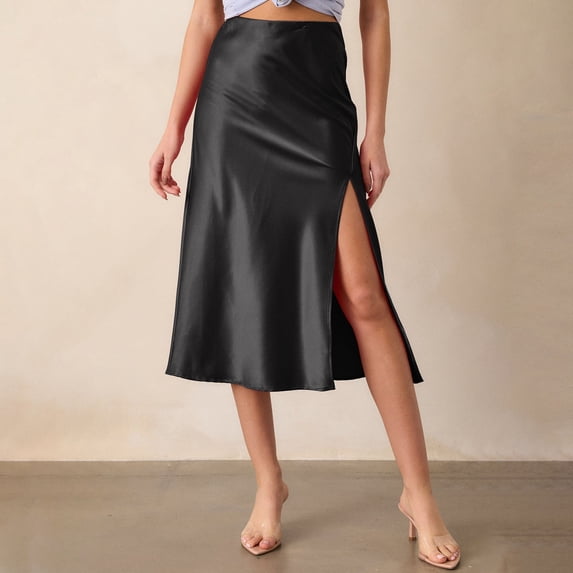 Skirts for Women Skirt Womens Satin High Waist Midi Skirt with Slit and Elastic Waistband for Everyday Styling Black XL