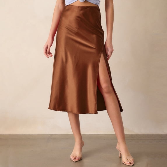 Skirts for Women Skirt Womens Satin High Waist Midi Skirt with Slit and Elastic Waistband for Everyday Styling Brown L