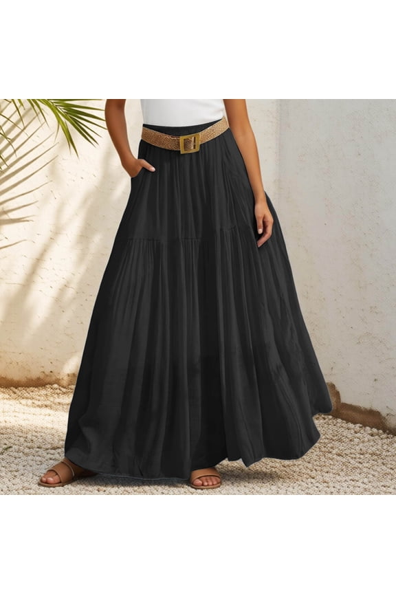 Skirts for Women Solid Color High Waist Flowy Maxi Elastic Waistband Belt Casual Boho Linen Line Long Black Skirt L