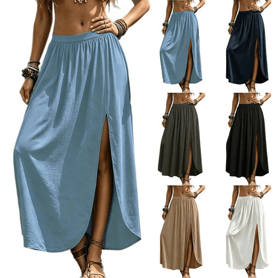 Skirts for Women Summer Boho Maxi Elastic High Waist Side Slit Casual Pleated Vacation Beach Skirts