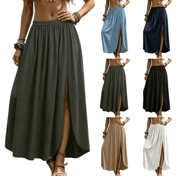 Skirts for Women Summer Boho Maxi Elastic High Waist Side Slit Casual Pleated Vacation Beach Skirts