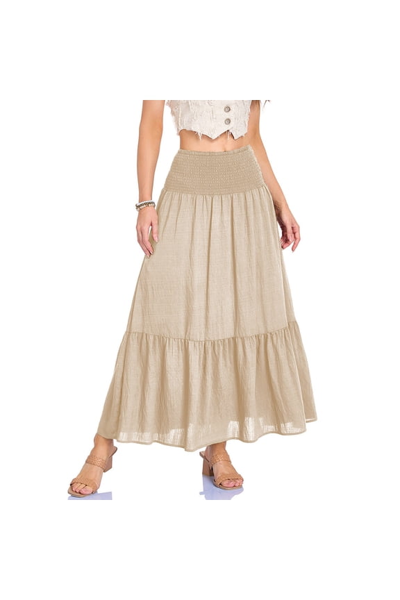 Skirts for Women Summer Casual Elegant Layered Tiered Long Skirt with Pockets High Waist A Line Flowy Womens Maxi Skirts Beige S
