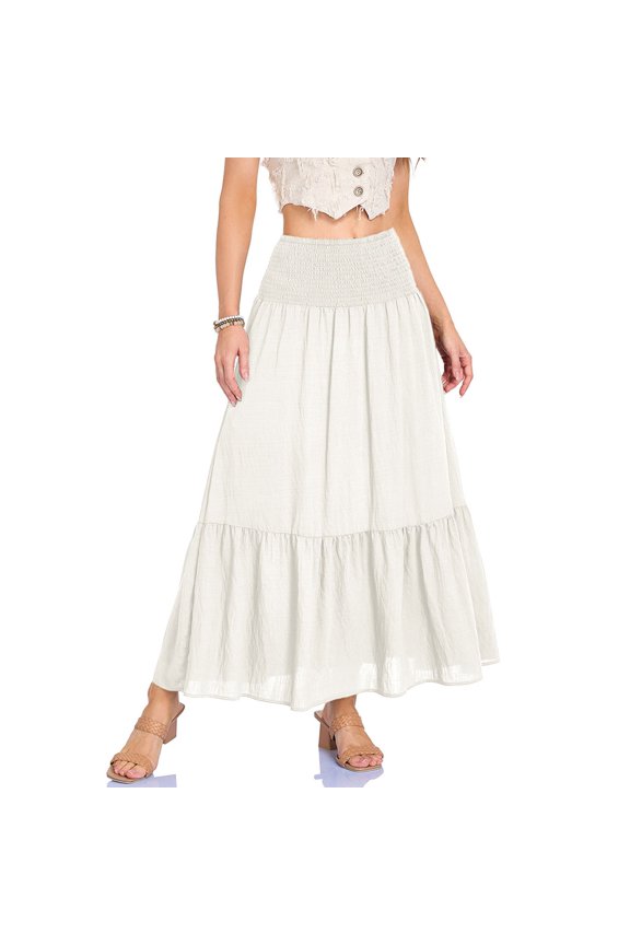 Skirts for Women Summer Casual Elegant Layered Tiered Long Skirt with Pockets High Waist A Line Flowy Womens Maxi Skirts White S