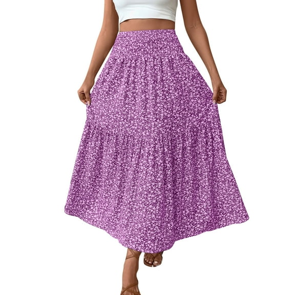 Skirts for Women Trendy Flower Printed Casual Elastic Waist Flowy Long Skirt Summer Beach Vacation Maxi Skirts for Women