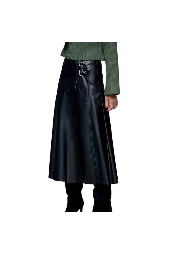 Skirts for Women Trendy,Women's Faux Leather Skirts 2026 High Waist Retro Buckle Detail Pleated Stitch Flared Midi Skirt