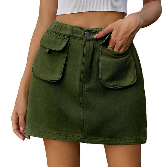 Skirts for Women Trendy Y2k Cargo Denim Mini Skirt High Waisted Stretchy Jean Shorts Green XL