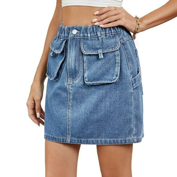 Skirts for Women Trendy Y2k Cargo Denim Mini Skirt High Waisted Stretchy Jean Shorts Denim Blue S