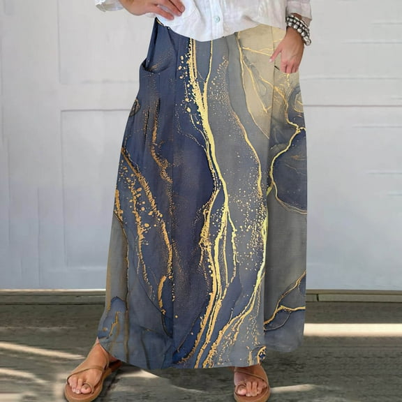 Skirts for Women Viikei High-waisted Skirt with Pockets,Women's Printed Elastic Waistband Pleated Pocket Skirt With Mid Calf Skirt Gray S