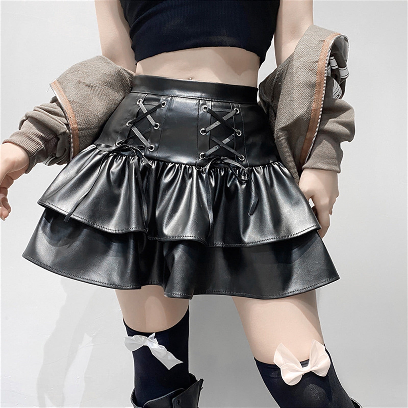 Black leather pleated skirts hotsell for sale