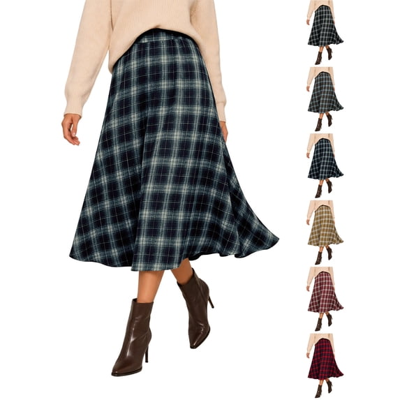Skirts for Women Zaewscy Women's Classic Plaid Elastic Waist A‑Line Midi Skirt, Casual Flowy Swing Mid‑Length Skirt Navy L