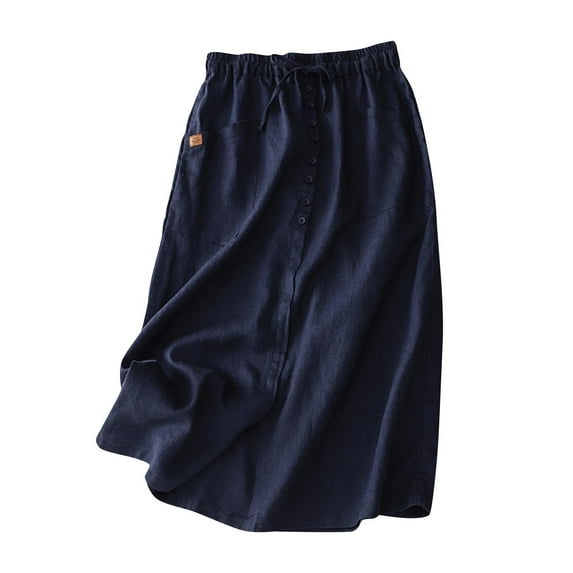 Skirts with Pockets for Women Women's Cotton Linen Long Skirt, Drawstring Waist a Line Button Flowy Maxi Beach Skirts with Pockets Navy XL