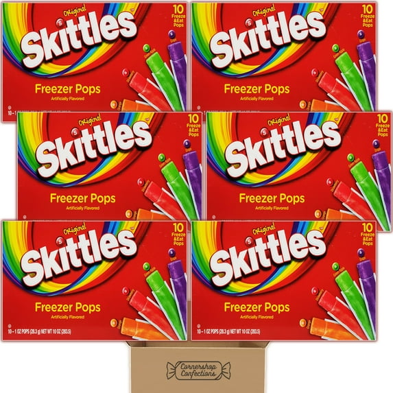 SkittIes Freezer Pops 60 Count Assorted Variety Pack - 6 Boxes of 10 Pops Each - Orange, Strawberry, Green Apple and Grape - Summer, 4th of July, Cooler Snack in Cornershop Confections Pack