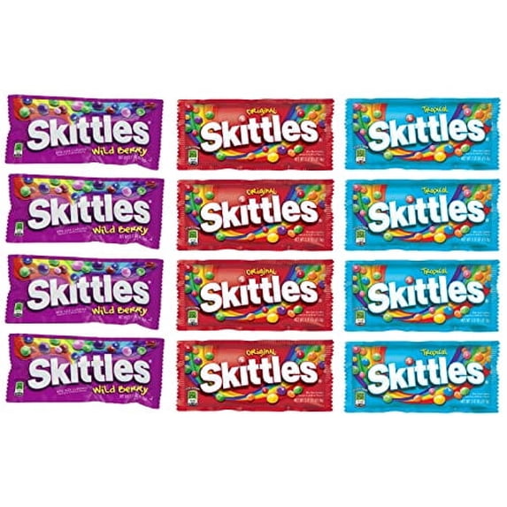Skittles Assorted Variety Pack – Original, Wild Berry & Tropical Chewy Candy, 12 Total Pouches (4 of Each Flavor), Fruit Flavored Candy Bundle