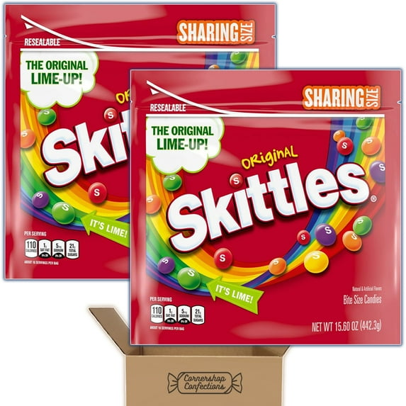 Skittles Bundle Pack - Original - 2 Individually Sealed 15.60 Ounce Bags - 5 Flavors in Each Bag, Strawberry, Lemon, Lime, Orange and Grape - For Parties, Snacks in Cornershop Confections Pack