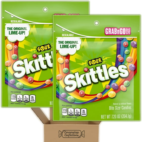 Skittles Bundle Pack - Sour - 2 Individually Sealed 7.20 Ounce Bags - 5 Flavors in Each Bag, Strawberry, Lemon, Lime, Orange and Grape - For Parties, Snacks, Lunches in Cornershop Confections Pack
