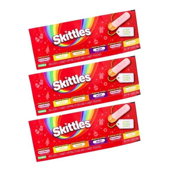 Skittles Dippin Strips Holiday Candy Pack, Strawberry & Lemon, 3 Pack, 0.85oz
