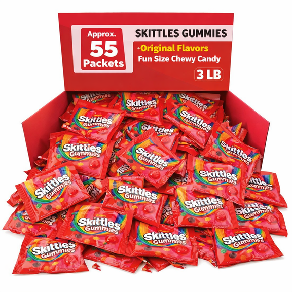 Skittles Gummies Original, Assorted Fruit Flavors, Fun Size Packets, Individually Wrapped, Bulk Gummy Candy (3 Pounds)