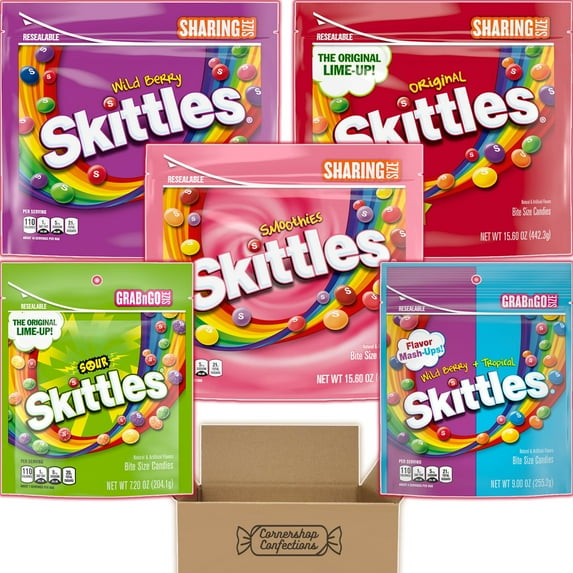 Skittles Lover's Shareable 5 Flavor Variety Pack - Nearly 4 Pounds - 5 Resealable Bags - Wild Berry, Smoothies, Tropical and Wild Berry Mashups, Sour, and Original in Cornershop Confections Pack
