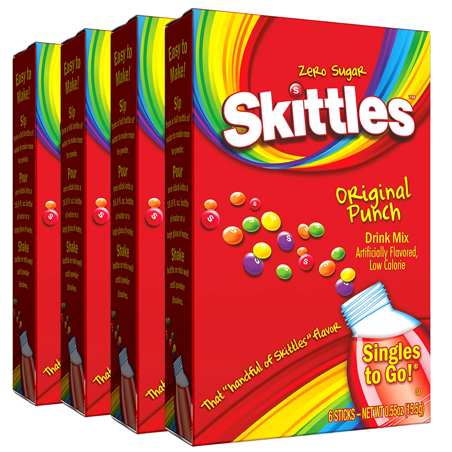 Skittles Original Punch Singles To Go Powdered Drink Mix Zero Sugar Low Calorie Delicious Fruity Taste Water Enhancer Quick and Convenient Water Beverages 4 Boxes, 6 Sticks per Box - 24 Total Servings