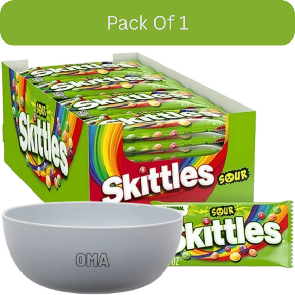 Skittles Sour Fruity Chewy Candy, Full Size, 1.8 oz., 24 pk. With White Bowl By OMA