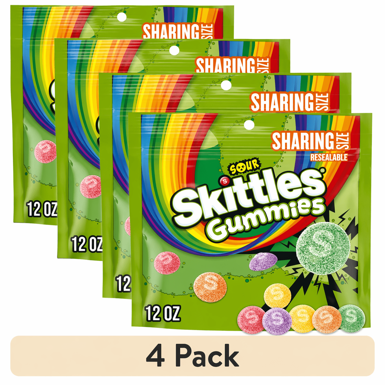 Skittles Sour Gummies, Assorted Fruit Flavors Candy, Resealable 12-Ounce Sharing Size (Pack of 4)