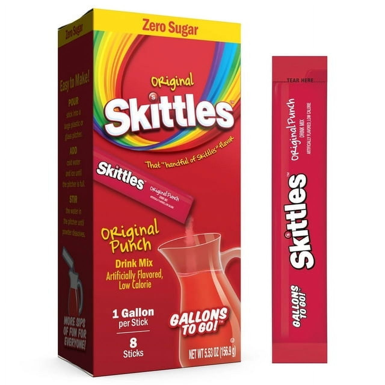 Skittles Zero Sugar Gallons-to-Go Powdered Drink Mix, Original Punch, 8 Count Gallon Pitcher Packets ( 2 Box )