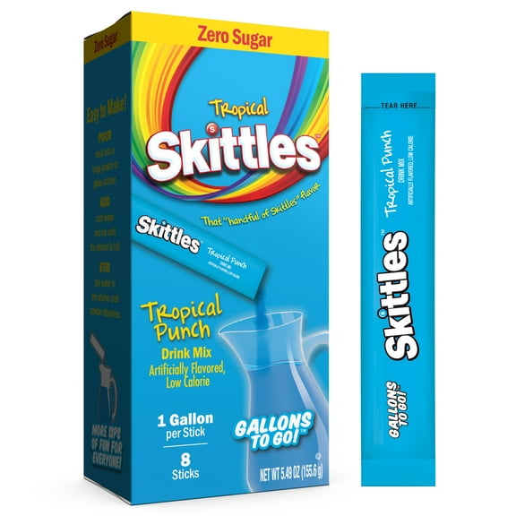 Skittles Zero Sugar Gallons-to-Go Powdered Drink Mix, Tropical Punch, 8 Count Gallon Pitcher Packets