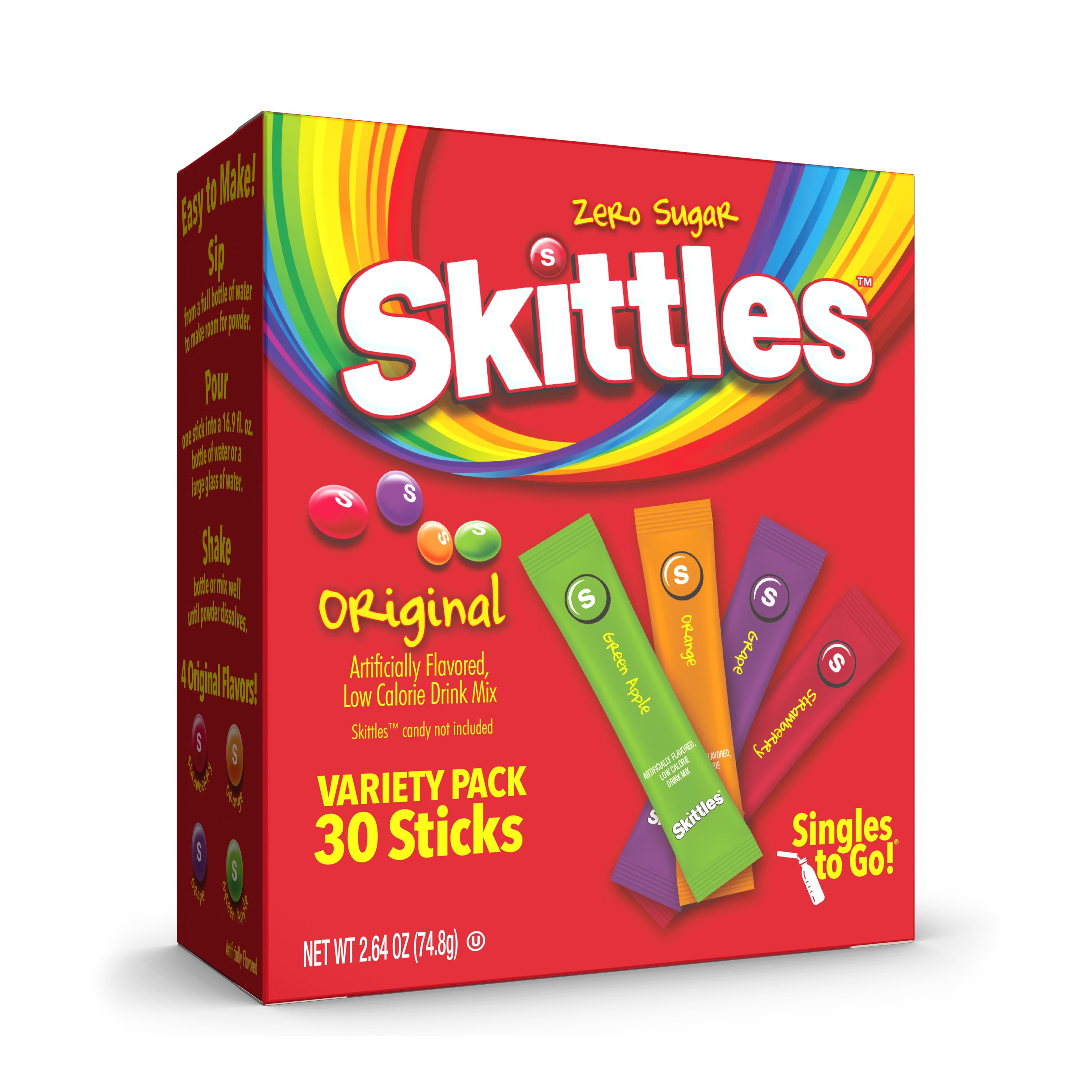 Skittles Zero Sugar Variety Pack Singles-to-Go Powdered Drink Mix, Original, 30 Count Packets