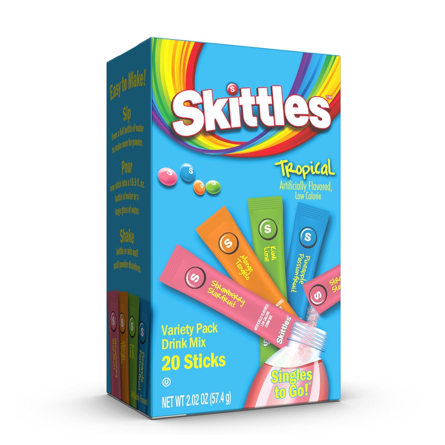 Skittles Zero Sugar Variety Pack Singles-to-Go Powdered Drink Mix, Tropical, 20 Count Packets
