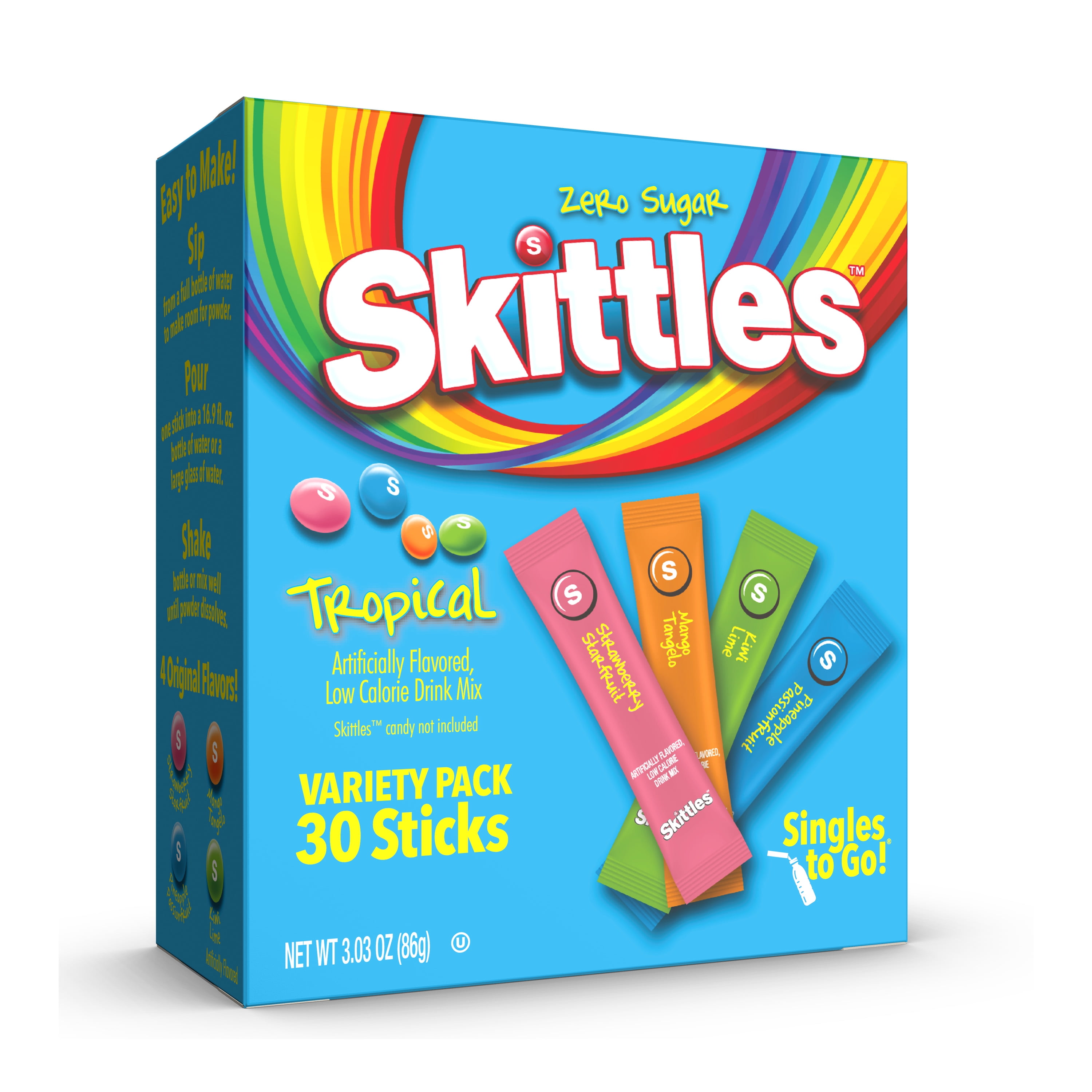 Skittles Zero Sugar Variety Pack Singles-to-Go Powdered Drink Mix, Tropical, 30 Count Packets