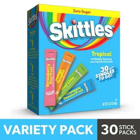 Skittles Zero Sugar Variety Pack Singles-to-Go Powdered Drink Mix, Tropical, 30 Count Packets