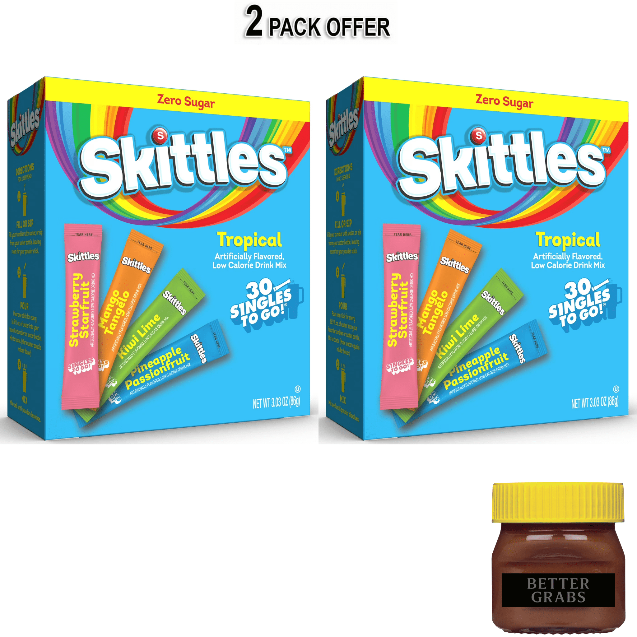 Skittles Zero Sugar Variety Pack Singles-to-Go Powdered Drink Mix, Tropical, 30 Count Packets